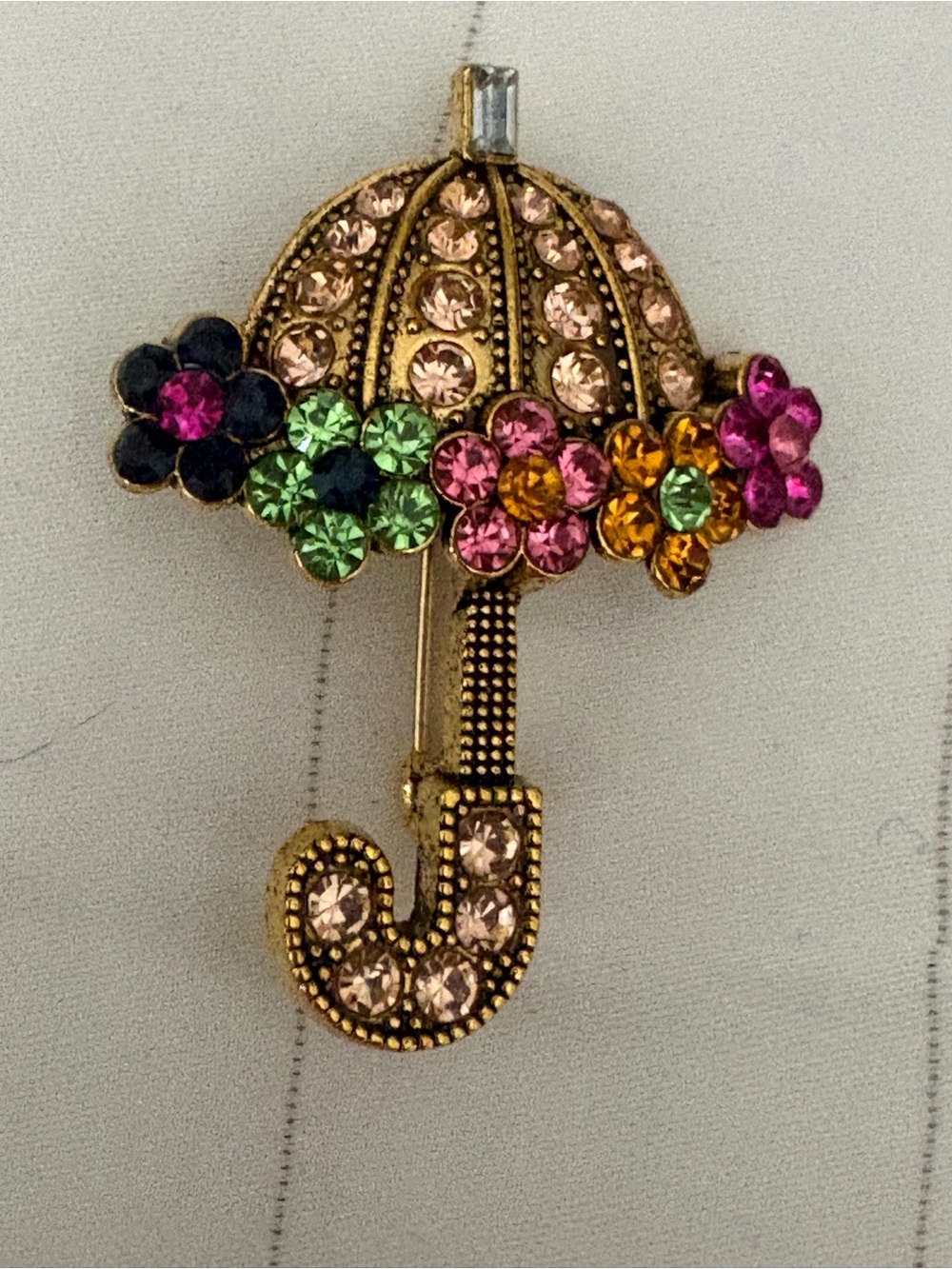 Jeweled Umbrella  Parasol Brooch with Multicolor Crystal Flowers EUC